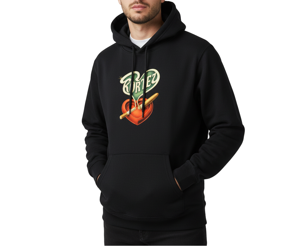 Man wearing a black hoodie with a colorful graphic design on a white background