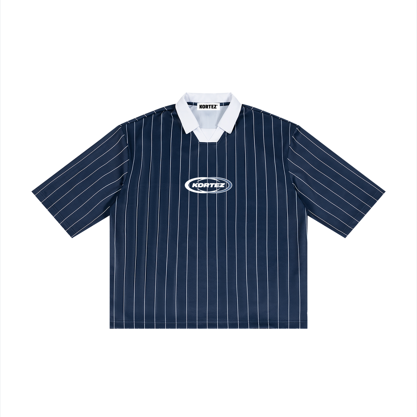 Front flat lay of navy blue pinstripe collared shirt with KORTEZ logo