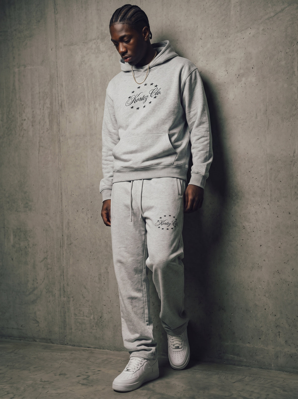 KORTEZ - Star Script Hoodie and Sweatpants Set / Flower Gray