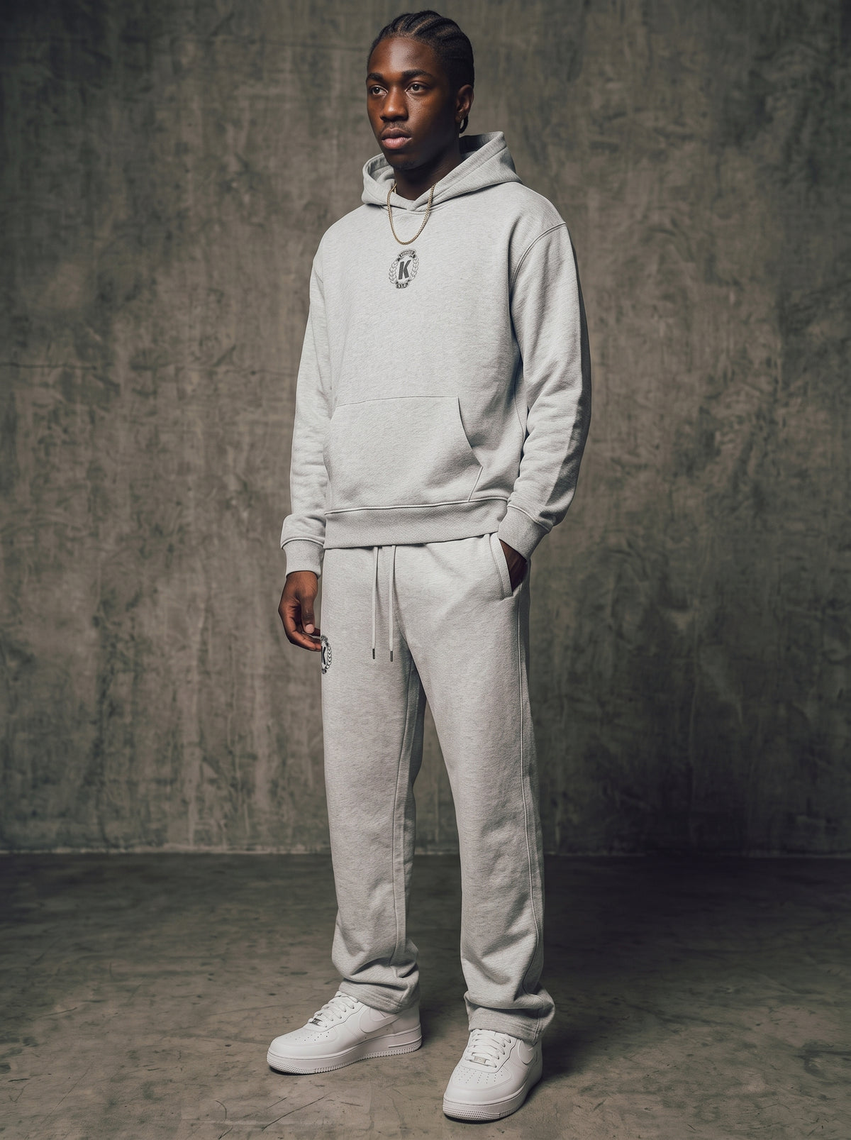 KORTEZ - Laurel Crest Hoodie and Sweatpants Set / Flower Gray