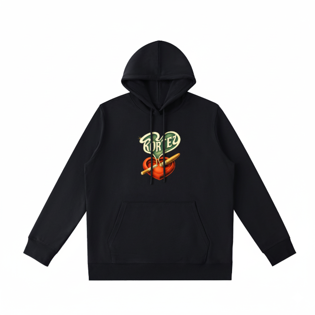 Black hoodie with a colorful graphic on a white background