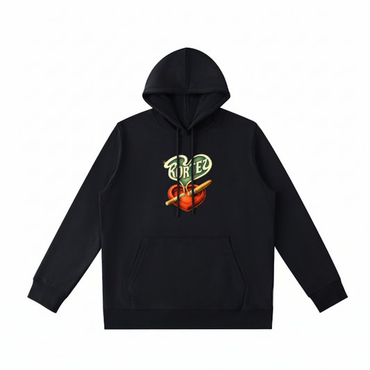 Black hoodie with a colorful graphic on a white background