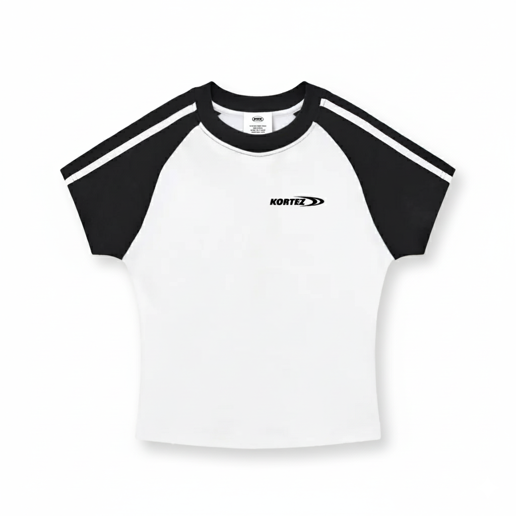 KORTEZ white crop tee with black ribbed collar and chest logo detail