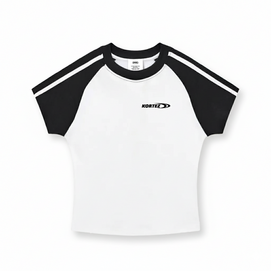 KORTEZ white crop tee with black ribbed collar and chest logo detail