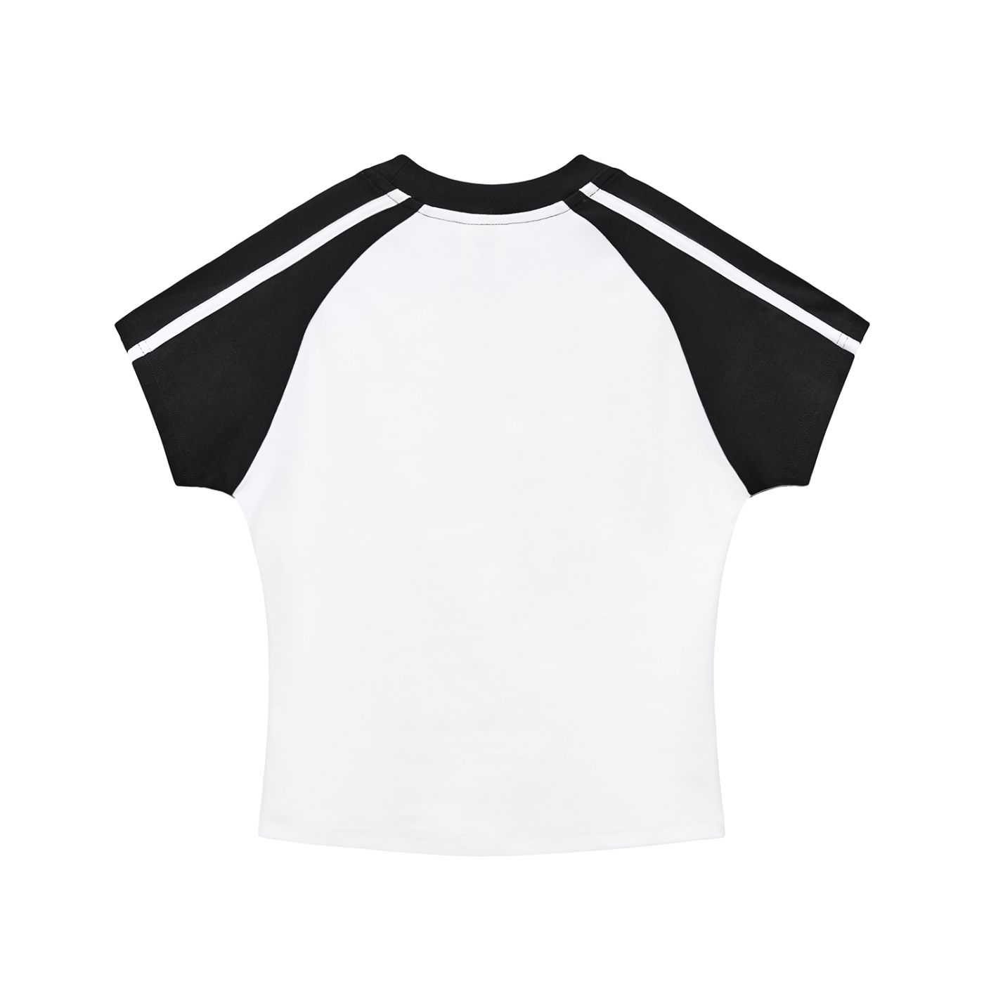 White bodycon crop t-shirt with black raglan sleeves and contrast stripes