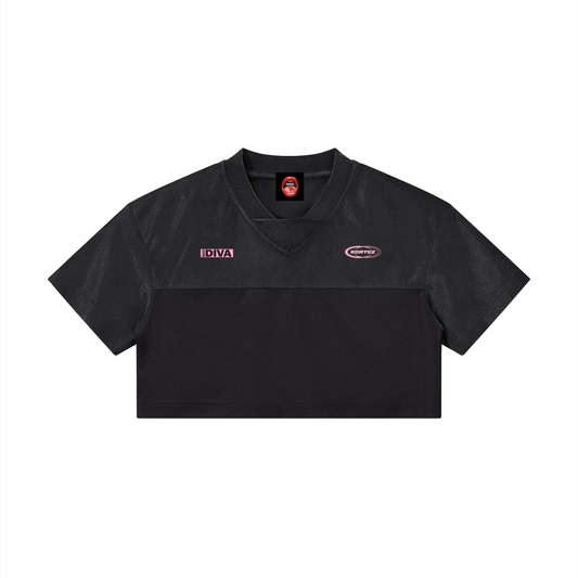 KORTEZ - Cropped Paneled V-Neck Jersey / Black