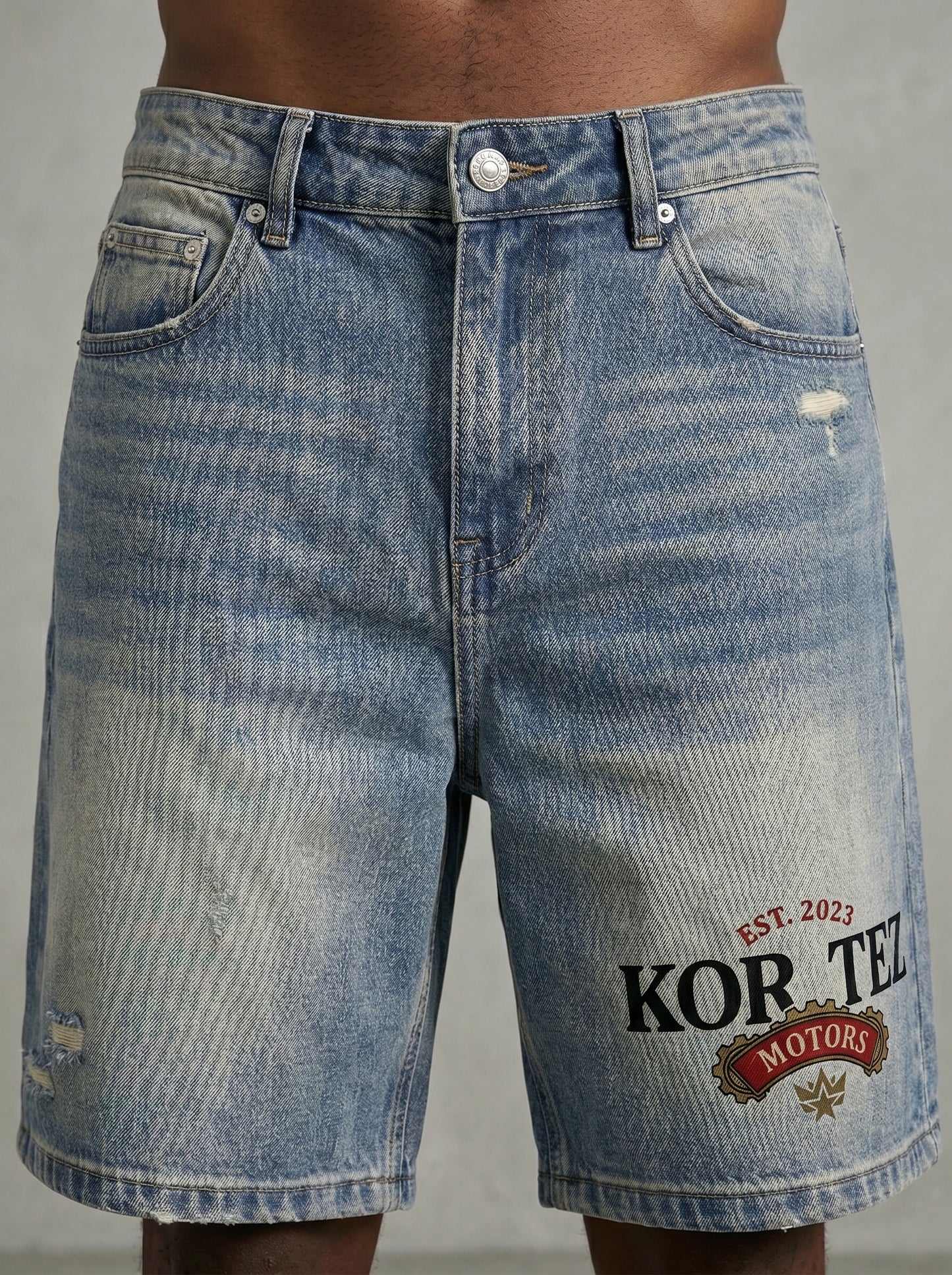 KORTEZ - Faded Distressed Baggy Denim Shorts / Blue