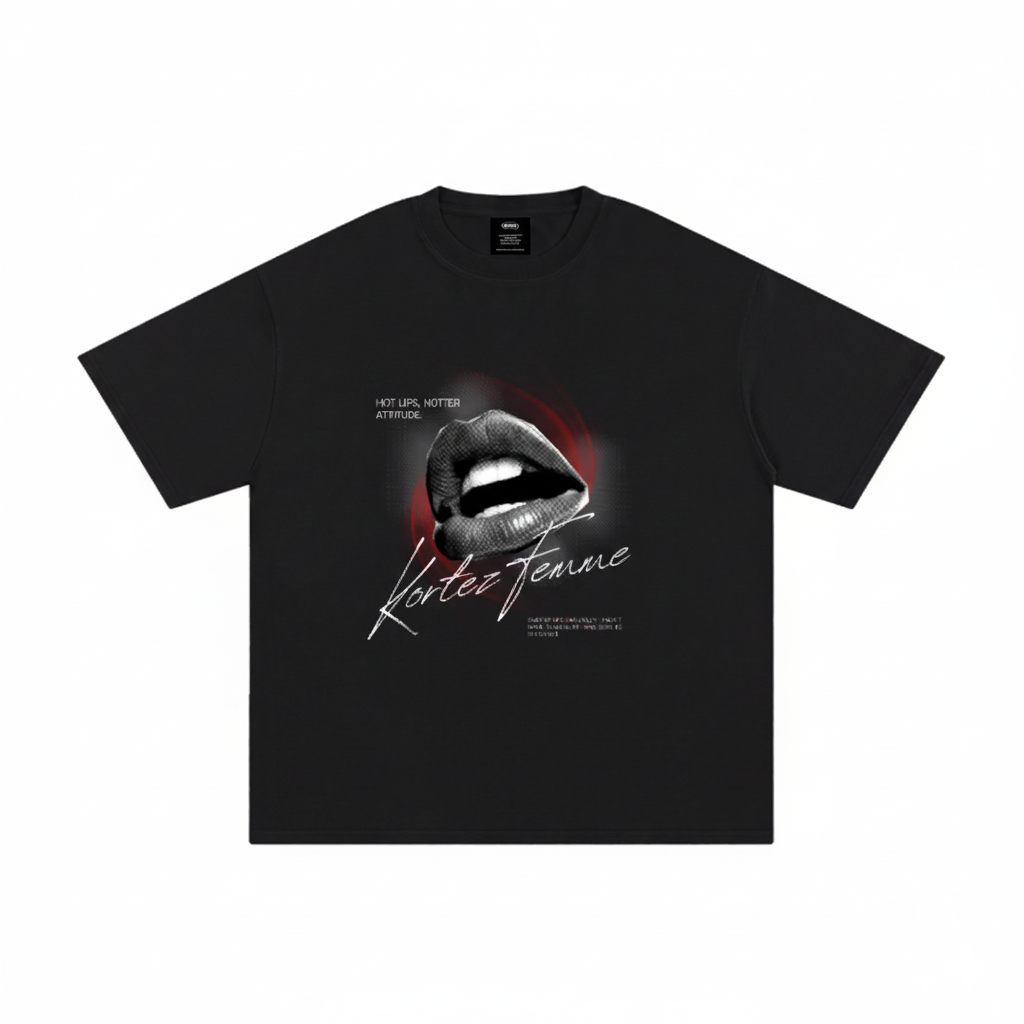 Black t-shirt with graphic design of lips and text on a white background