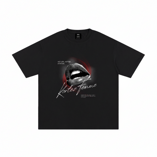 Black t-shirt with graphic design of lips and text on a white background