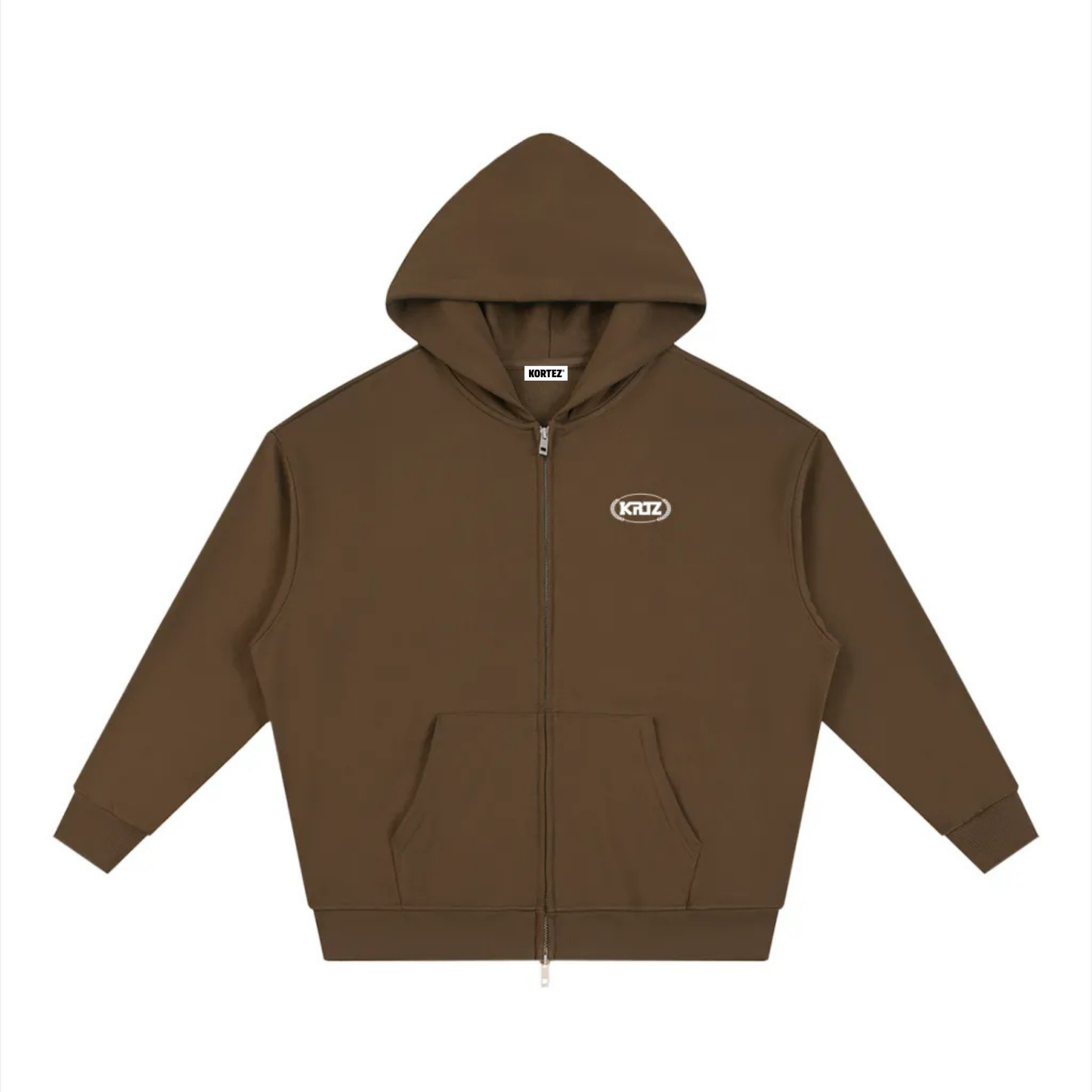 KORTEZ brown full zip hoodie front with kangaroo pocket and KRZ chest logo