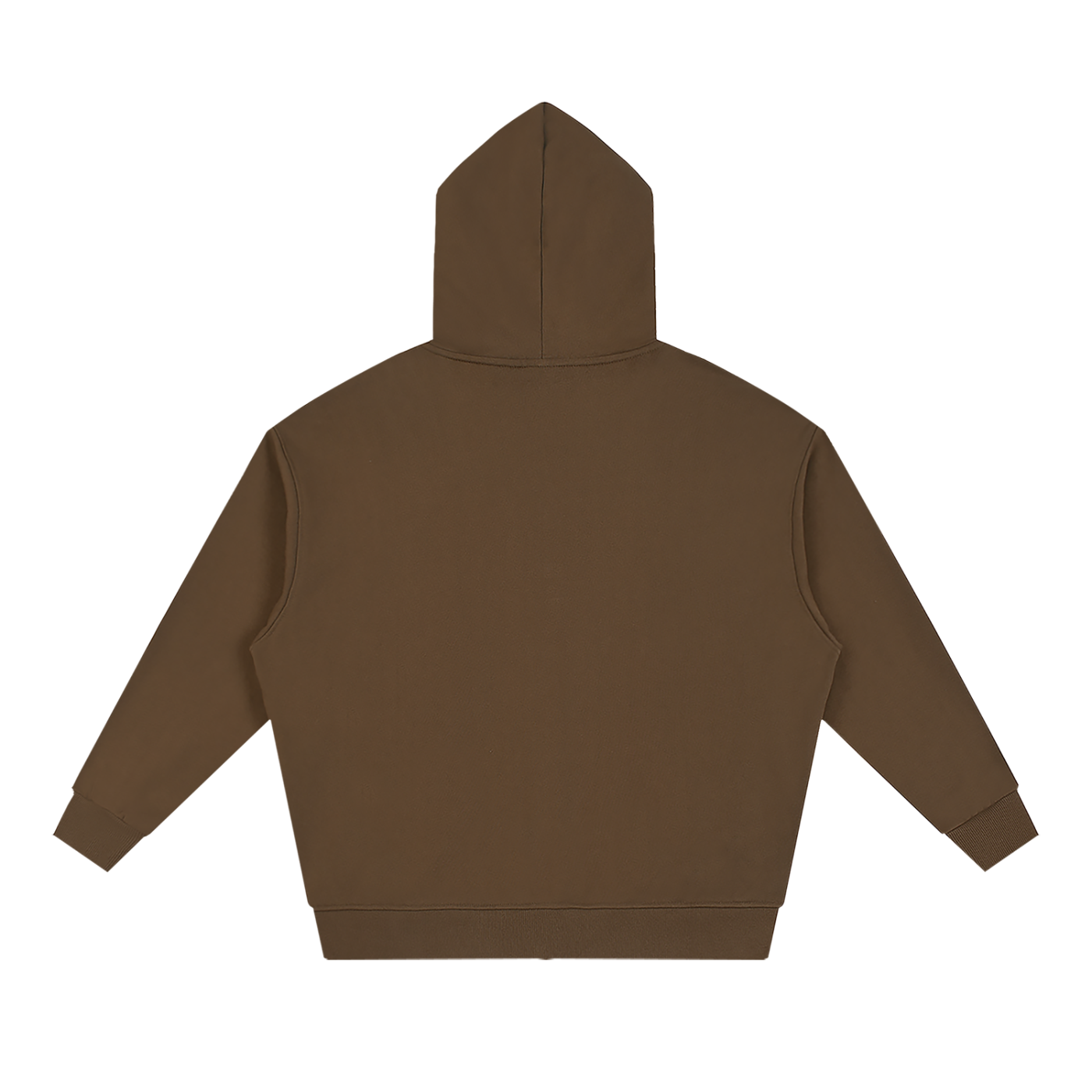 KORTEZ coffee full zip hoodie back view with relaxed oversized fit and ribbed hem