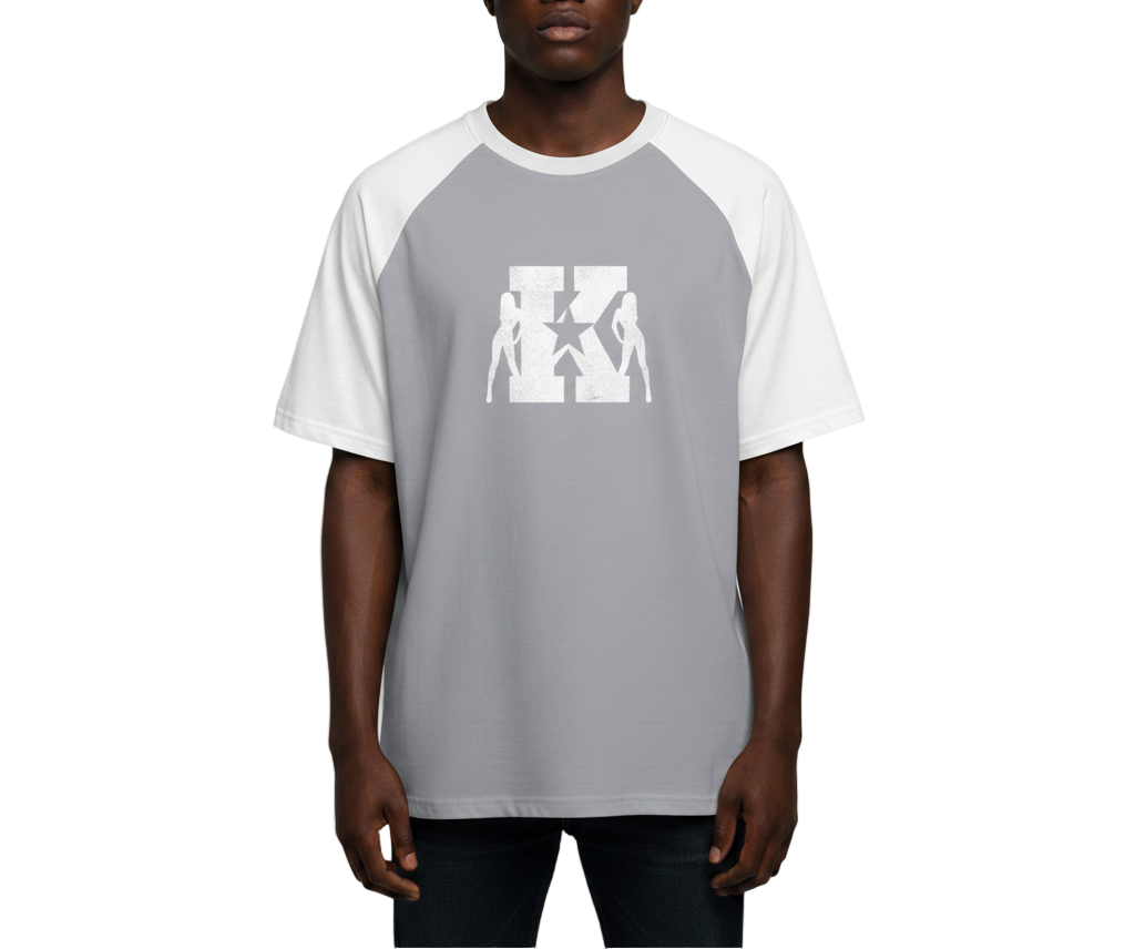 Man wearing a gray and white baseball shirt with a graphic design on a plain background