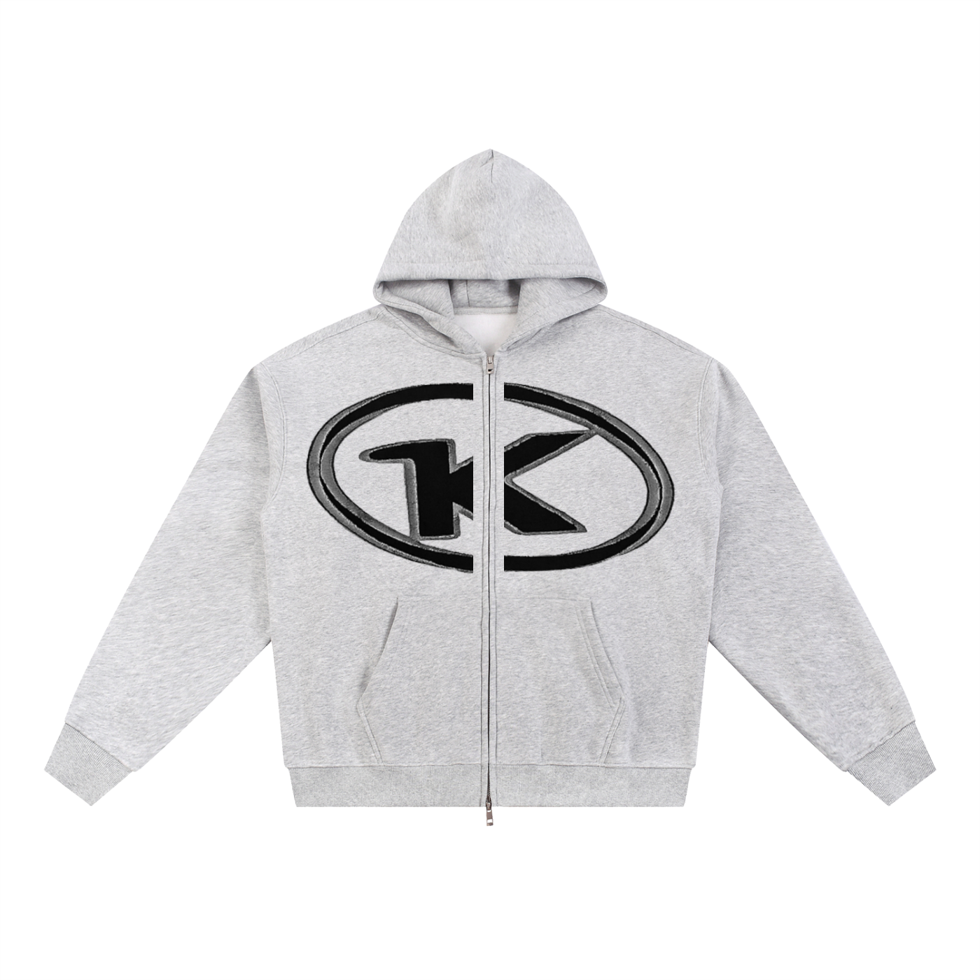 Gray hoodie with a black logo on a white background