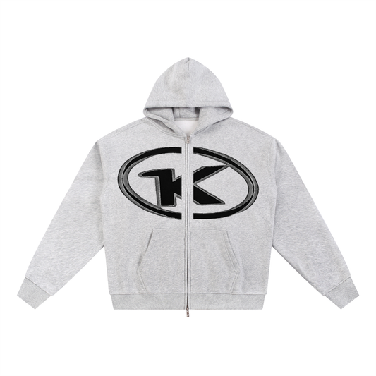 Gray hoodie with a black logo on a white background