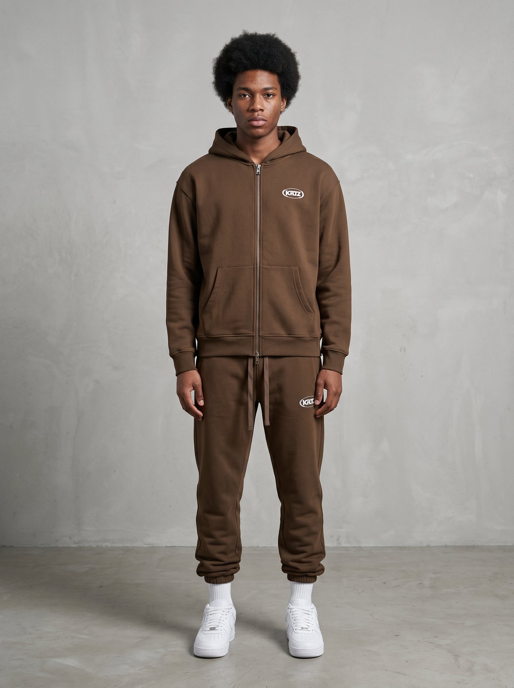 Brown KORTEZ full zip hoodie and sweatpants outfit featuring kangaroo pocket and KRZ branding