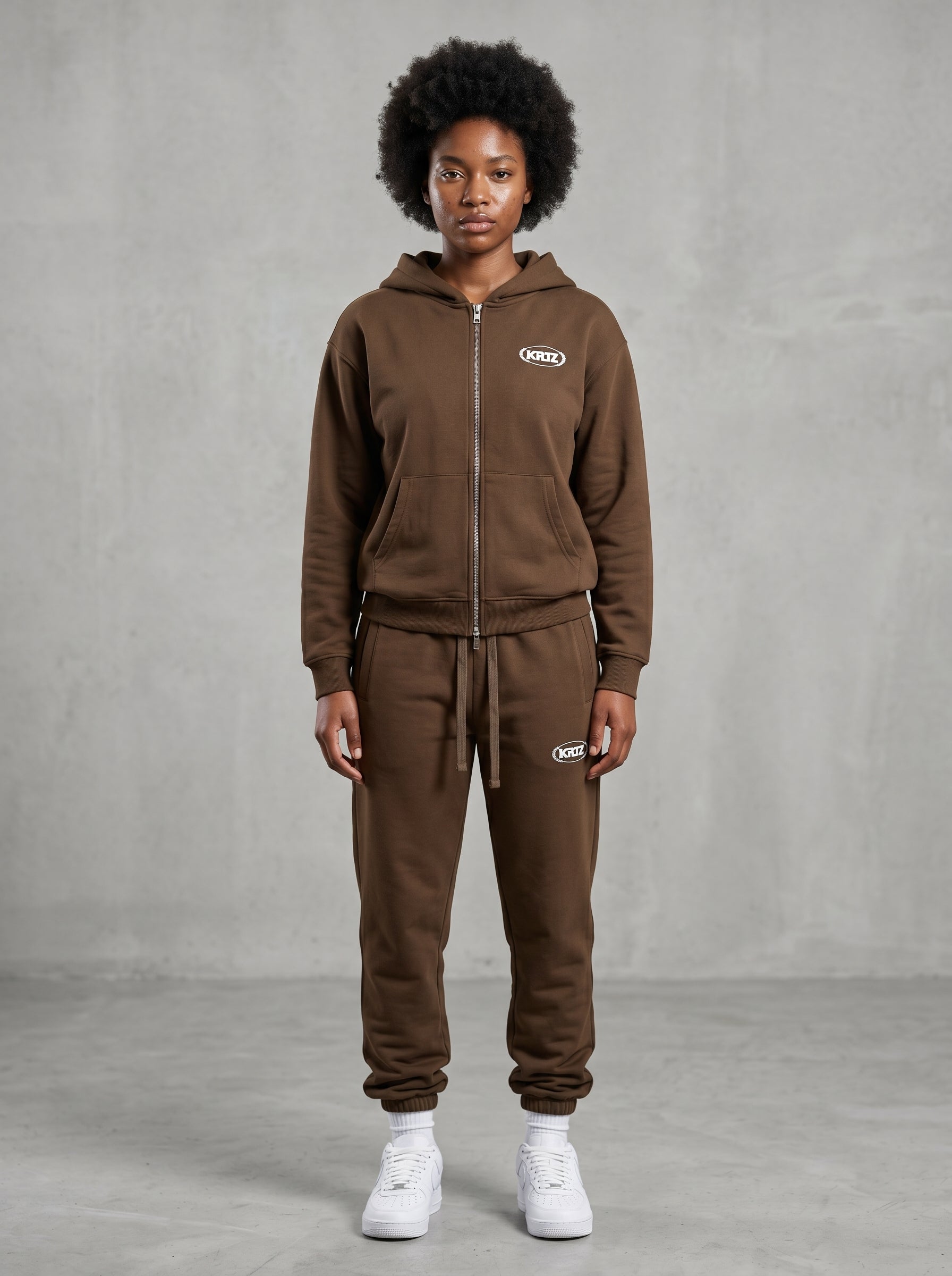 KORTEZ coffee full zip hoodie and sweatpants set with drawstring waist and KRZ logos