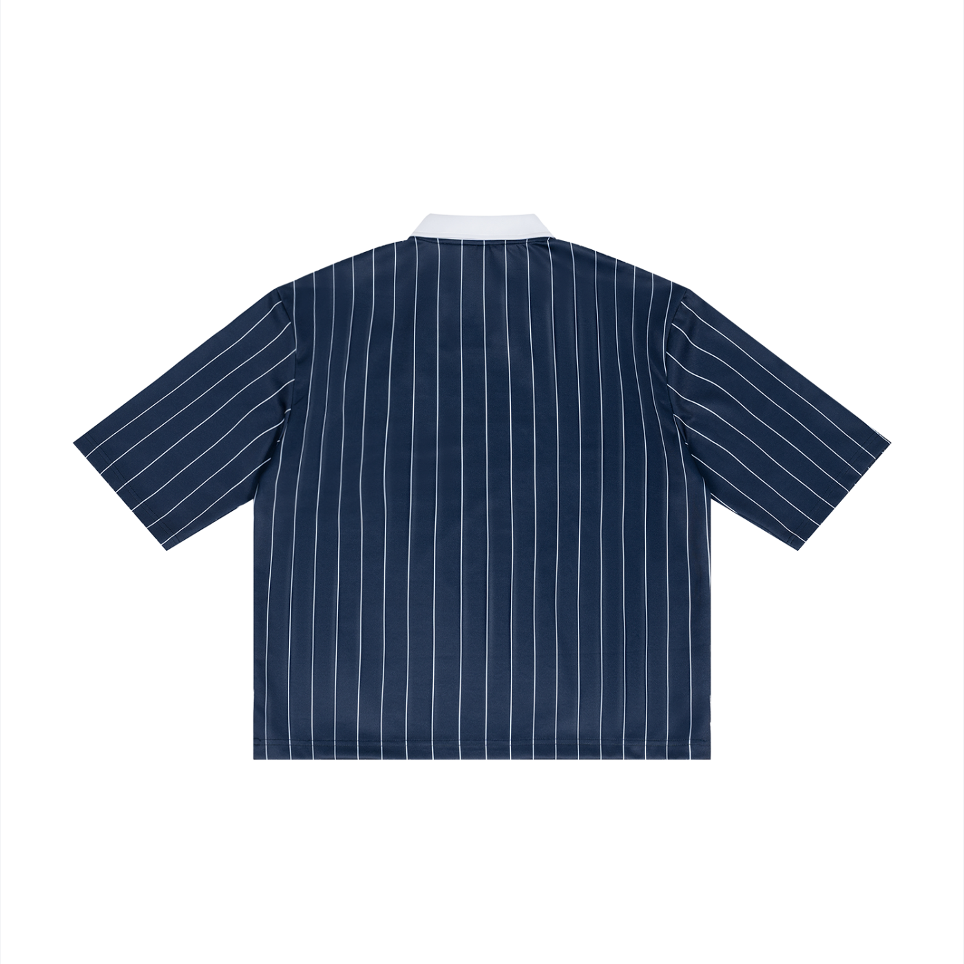 Back view of navy blue pinstripe short sleeve collared shirt flat lay